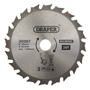 Draper SBM4 TCT Multi-Purpose Circular Saw Blade, 185 x 25.4mm, 20T - Code: 30397 - Pack Qty 1