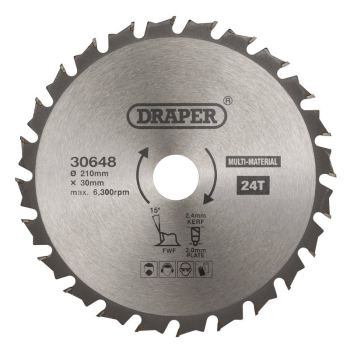 Draper SBM6 TCT Multi-Purpose Circular Saw Blade, 210 x 30mm, 24T - Code: 30648 - Pack Qty 1