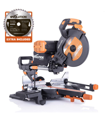 Evolution R255SMS-DB+ 255mm Double Bevel Sliding Compound Mitre Saw with 40T Wood Blade and 28T Multi-Material TCT Blade