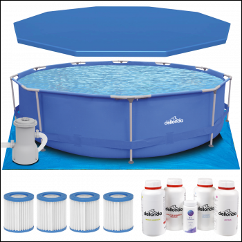 Sealey DL138 Dellonda Steel Frame Round Swimming Pool & Filter Pump with Cover, Ground Sheet, Test Strips, Starter Kit & Filters 12ft - Blue