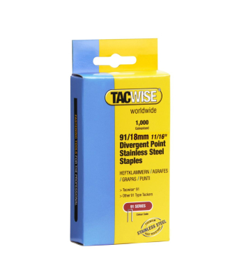 Tacwise Type 91/18mm Divergent Point Stainless Steel Narrow Crown Staples, Box of 1000 - Code 1069