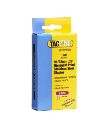 Tacwise Type 91/22mm Divergent Point Stainless Steel Narrow Crown Staples, Box of 1000 - Code 1070