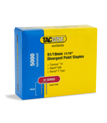 Tacwise Type 91/18mm Divergent Point Galvanised Narrow Crown Staples, Box of 5000 - Code 1616