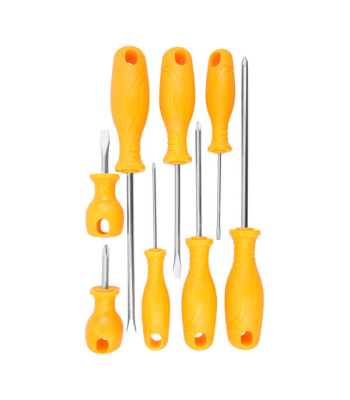 Tolsen Screwdriver Set 8 pcs Yellow Handle Sl3.0X75mm
Sl5.5X100mm
Sl6.5X150mm
Sl6.5X38mm
Ph0X75mm
Ph1X100mm
Ph2X150mm
Ph2X38mm