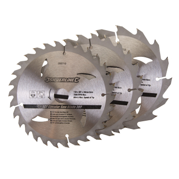 Silverline TCT Circular Saw Blades 16, 24, 30T 3pk - 150 x 20 - 16, 12.75mm Rings - Code 292712