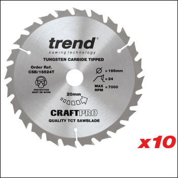 Trend Wood Cordless Circular Saw Blade 165mm X 20mm X 24t, 10 Pack - Code CSB/16524T/10