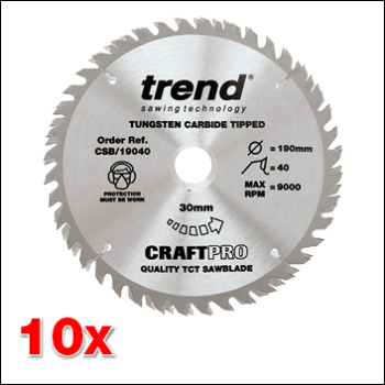 Trend Wood Circular Saw Blade 190mm X 30mm X 24t, 10 Pack - Code CSB/19040/10