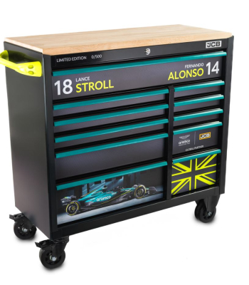 Aston Martin Aramco Formula One® Team x JCB 42” Steel 11 Drawer Roller Cabinet with Hardwood Worktop - Code JCBAMF1RCBB