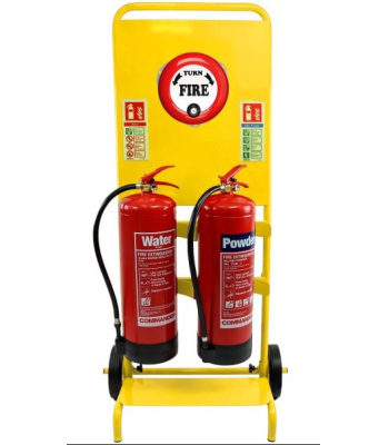 Evacuator Double Fire extinguisher Trolley in Yellow c/w 9kg Powder and 9kg Water extinguishers + Rotary Bell