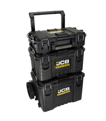 JCB Full Site System, 3-Piece Modular Tool Storage System with Cart, Tool Box, Tool Organiser Case & Heavy-duty 9’’ Wheel Trolley - Code JCB-SITESYS-ST