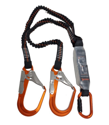 ARESTA TWIN SCAFF LITE Elasticated Webbing Lanyard with 2 Aluminium Scaffold Hooks, Carabiner and Shock Absorber, 1.8m - AR-03703/1