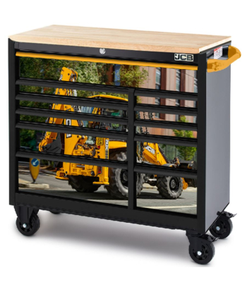 JCB 42’’ Roller Tool Cabinet, 11 Drawers, Steel with Hardwood Worktop and Backhoe Loader Wrap - JCBBHLRCBB